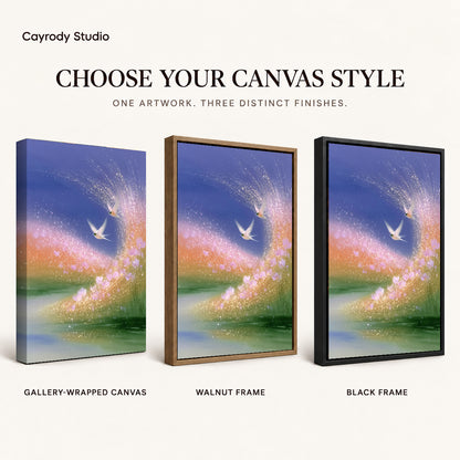 luminous meadow birds canvas art compared across gallery-wrapped canvas, walnut frame, and black frame finishes.