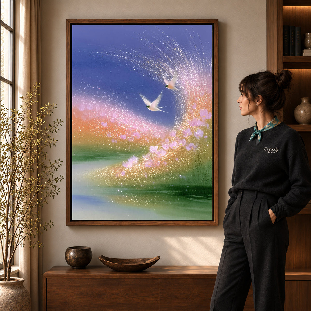 luminous meadow birds canvas art shown in the walnut frame option within a warm living room.