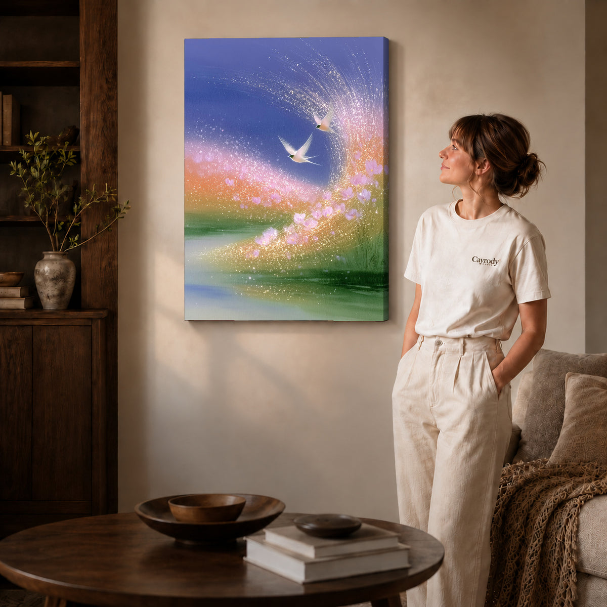 luminous meadow birds canvas art shown in the gallery-wrapped option with visible depth and warm surroundings.