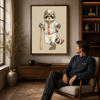 vintage baseball raccoon canvas art in a walnut frame above a console beside a seated man.