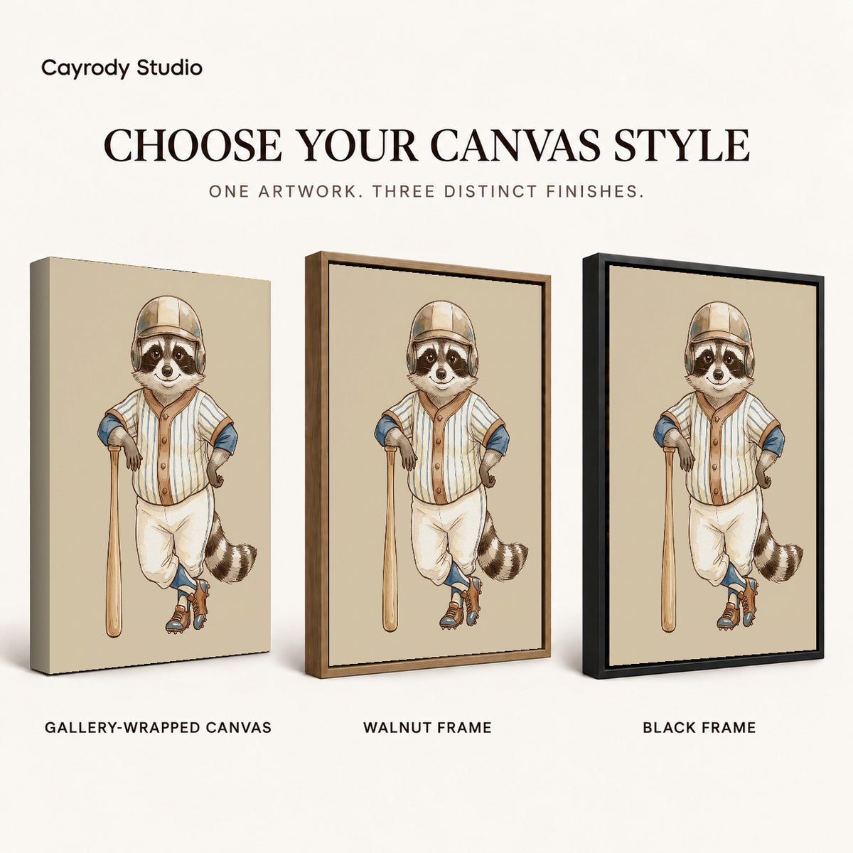 vintage baseball raccoon canvas art compared across gallery-wrapped canvas, walnut frame, and black frame finishes.