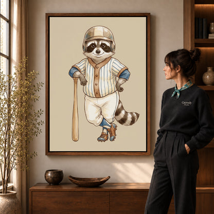 vintage baseball raccoon canvas art shown in the walnut frame option within a warm living room.
