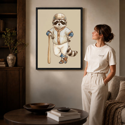 vintage baseball raccoon canvas art shown in the black frame option against a softly lit wall.