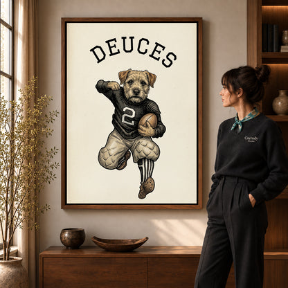 vintage football terrier canvas art in a walnut frame beside a standing woman and wooden console.