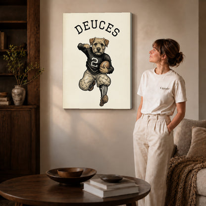 vintage football terrier canvas art on gallery-wrapped canvas with natural edge shading beside a standing woman.