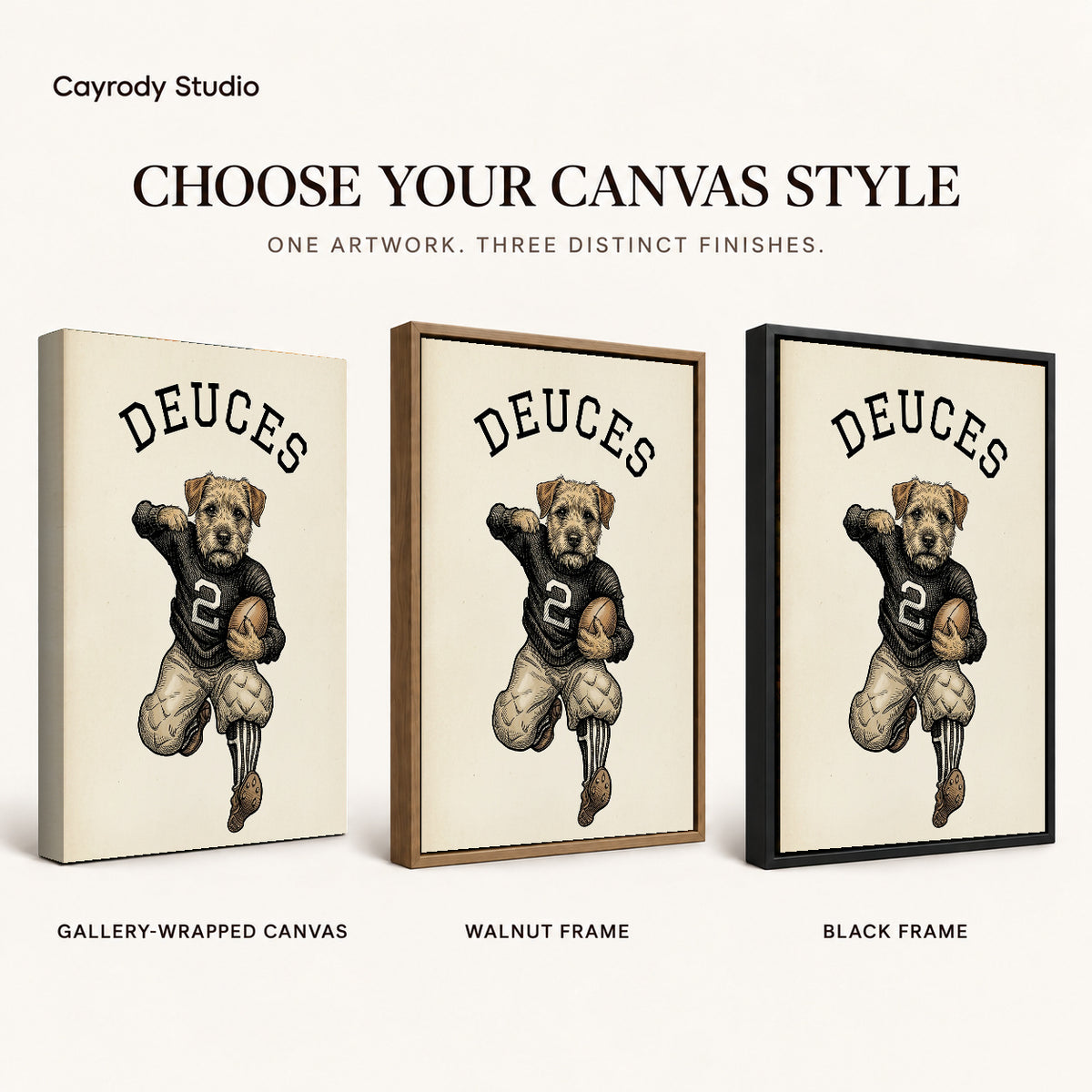 vintage football terrier canvas art compared across gallery-wrapped canvas, walnut frame, and black frame finishes.