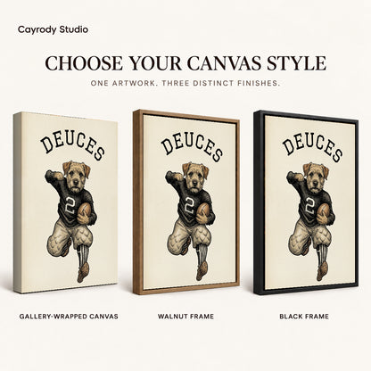 vintage football terrier canvas art compared across gallery-wrapped canvas, walnut frame, and black frame finishes.