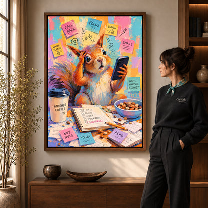 busy office squirrel canvas art in a walnut frame beside a standing woman and wooden console.