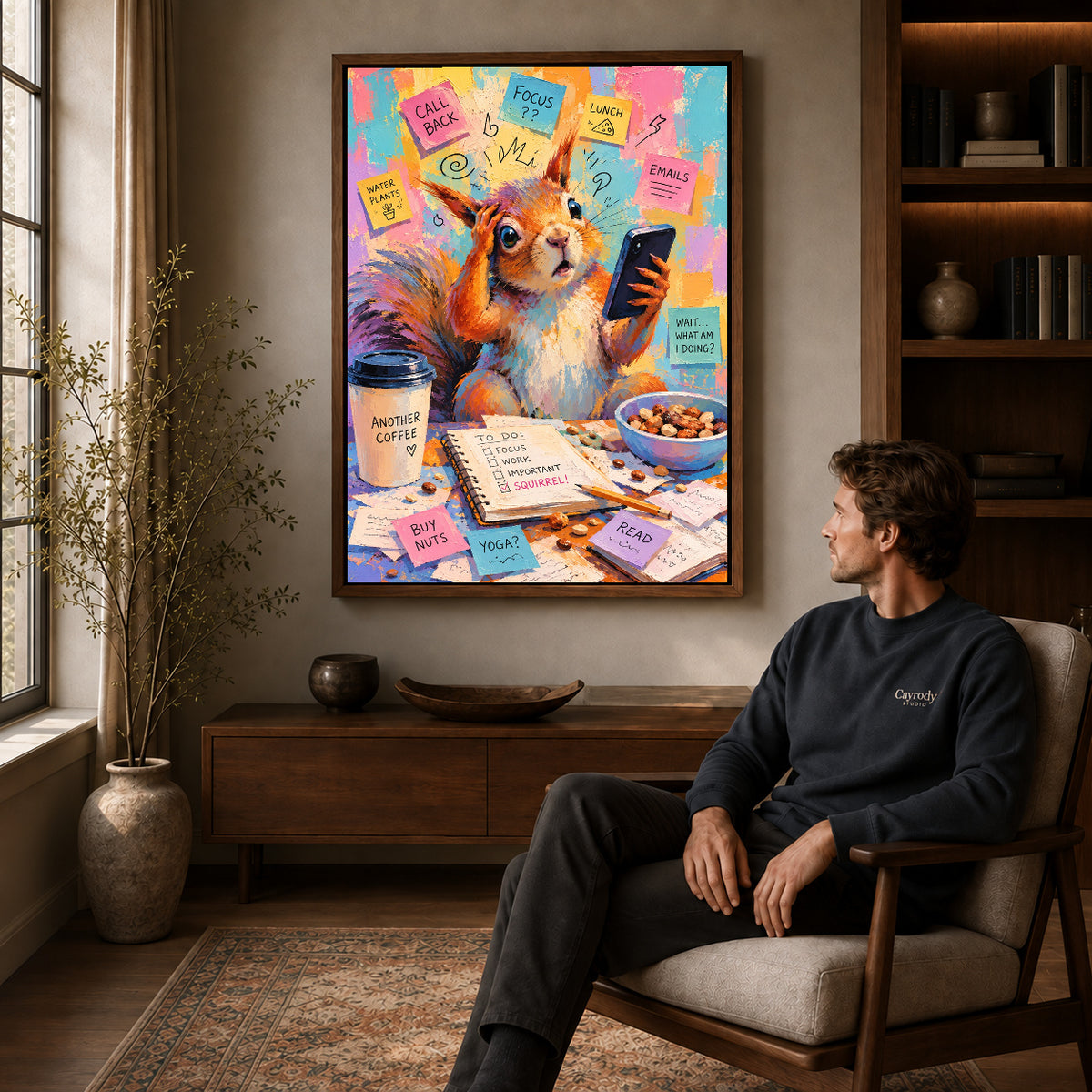 busy office squirrel canvas art in a walnut frame above a console beside a seated man.