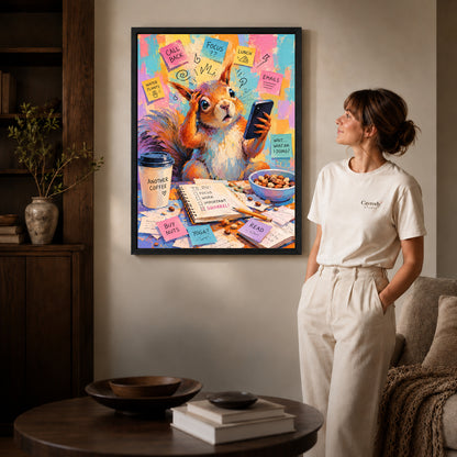 busy office squirrel canvas art in a black frame beside a woman and round wooden table.