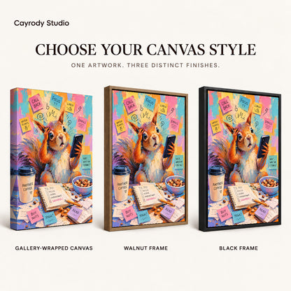 busy office squirrel canvas art compared across gallery-wrapped canvas, walnut frame, and black frame finishes.
