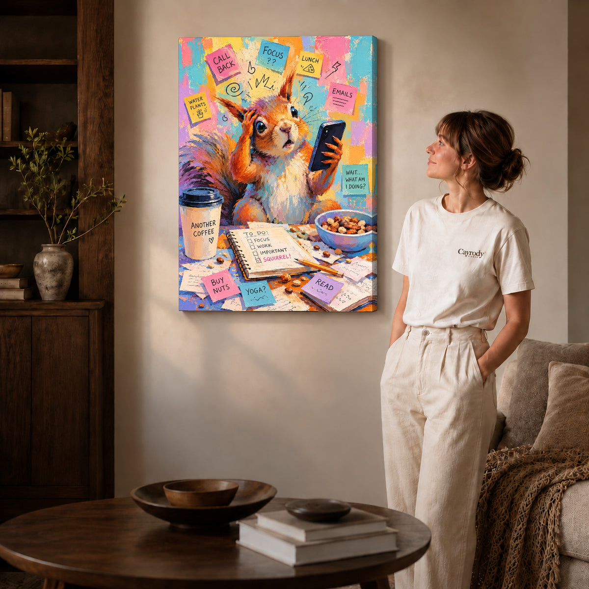 busy office squirrel canvas art shown in the gallery-wrapped option with visible depth and warm surroundings.