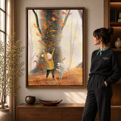 joyful autumn companions canvas art in a walnut frame beside a standing woman and wooden console.