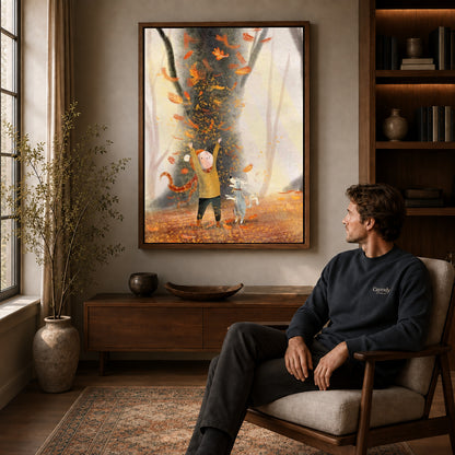 joyful autumn companions canvas art in a walnut frame above a console beside a seated man.