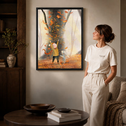 joyful autumn companions canvas art in a black frame beside a woman and round wooden table.