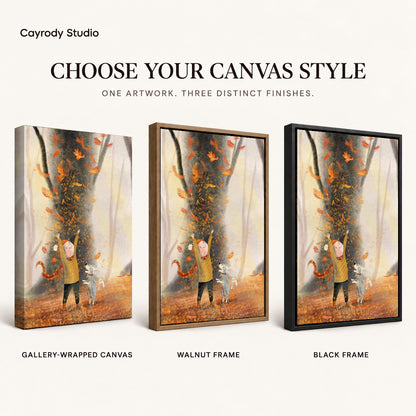 joyful autumn companions canvas art compared across gallery-wrapped canvas, walnut frame, and black frame finishes.
