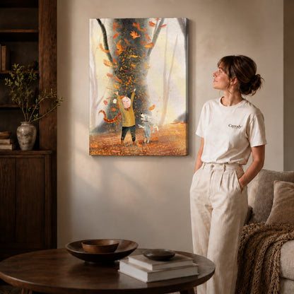 joyful autumn companions canvas art shown in the gallery-wrapped option with visible depth and warm surroundings.