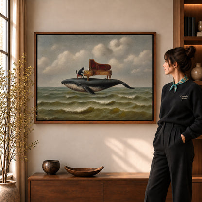 whale piano serenade canvas art in a walnut frame beside a standing woman and wooden console.