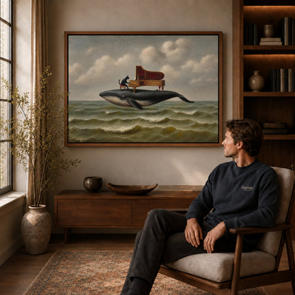whale piano serenade canvas art in a walnut frame above a console beside a seated man.