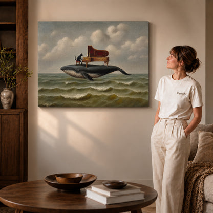 whale piano serenade canvas art on gallery-wrapped canvas with visible edge depth beside a standing woman.