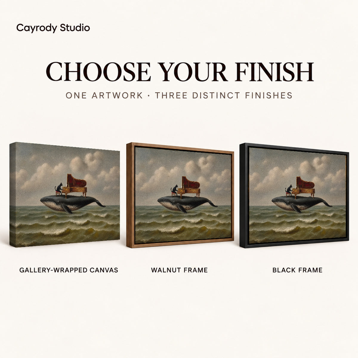 whale piano serenade canvas art compared across gallery-wrapped canvas, walnut frame, and black frame finishes.