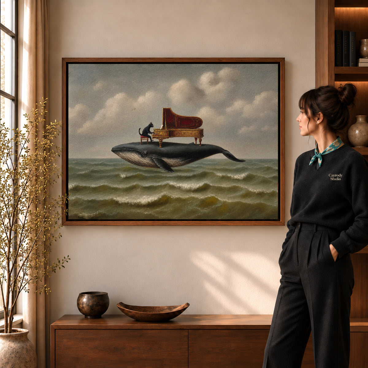 whale piano serenade canvas art shown in the walnut frame option within a warm living room.