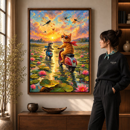 sunset scooter cats canvas art in a walnut frame beside a standing woman and wooden console.