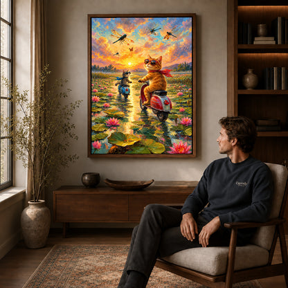 sunset scooter cats canvas art in a walnut frame above a console beside a seated man.
