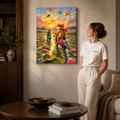 sunset scooter cats canvas art on gallery-wrapped canvas with natural edge shading beside a standing woman.