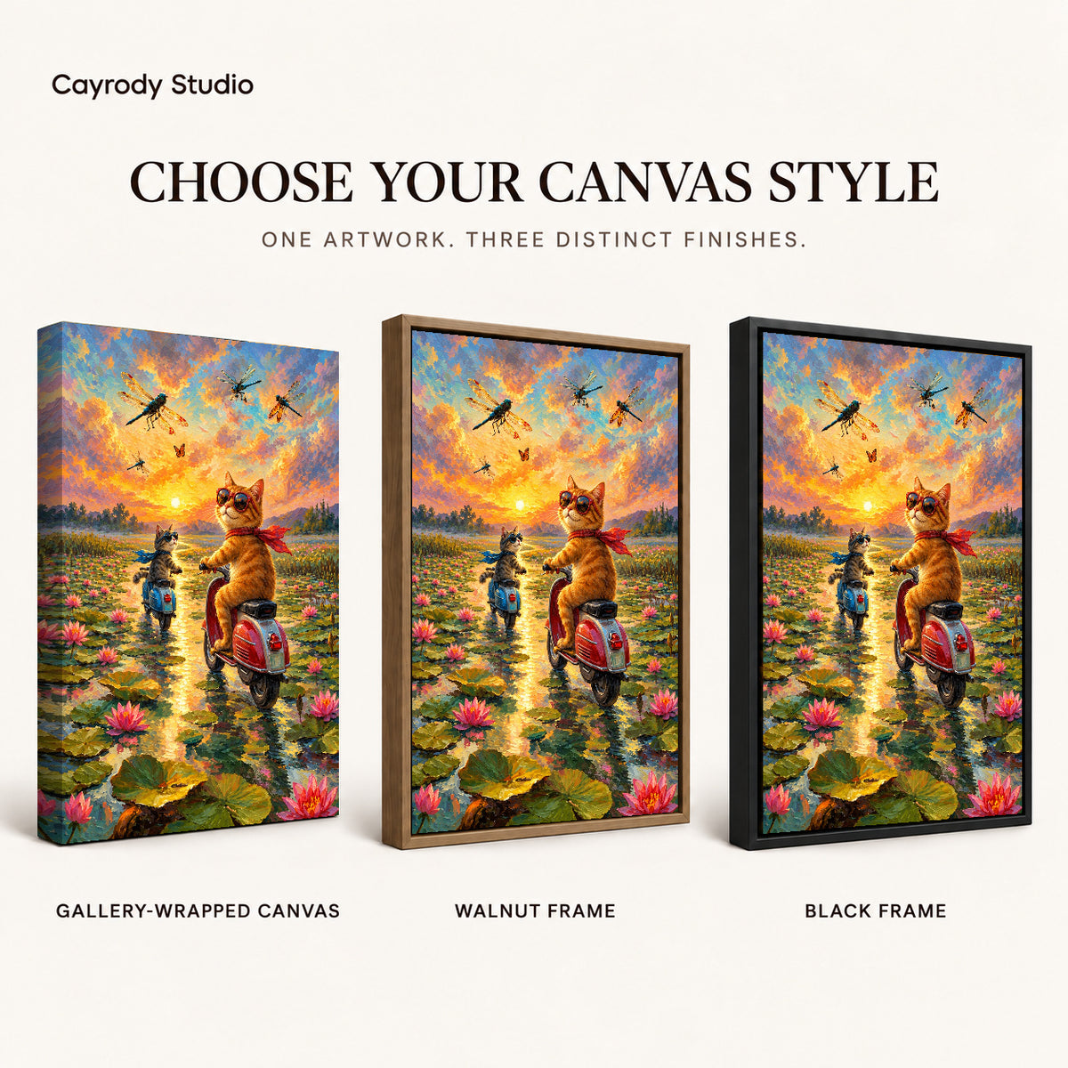 sunset scooter cats canvas art compared across gallery-wrapped canvas, walnut frame, and black frame finishes.