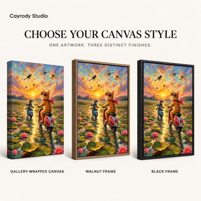 sunset scooter cats canvas art compared across gallery-wrapped canvas, walnut frame, and black frame finishes.