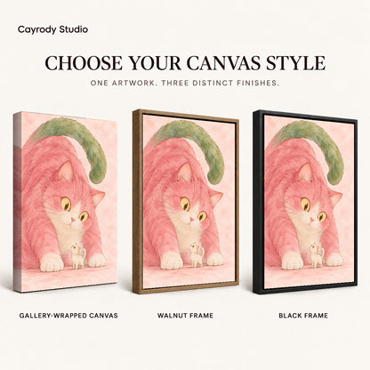 tender pink cat companions canvas art compared across gallery-wrapped canvas, walnut frame, and black frame finishes.