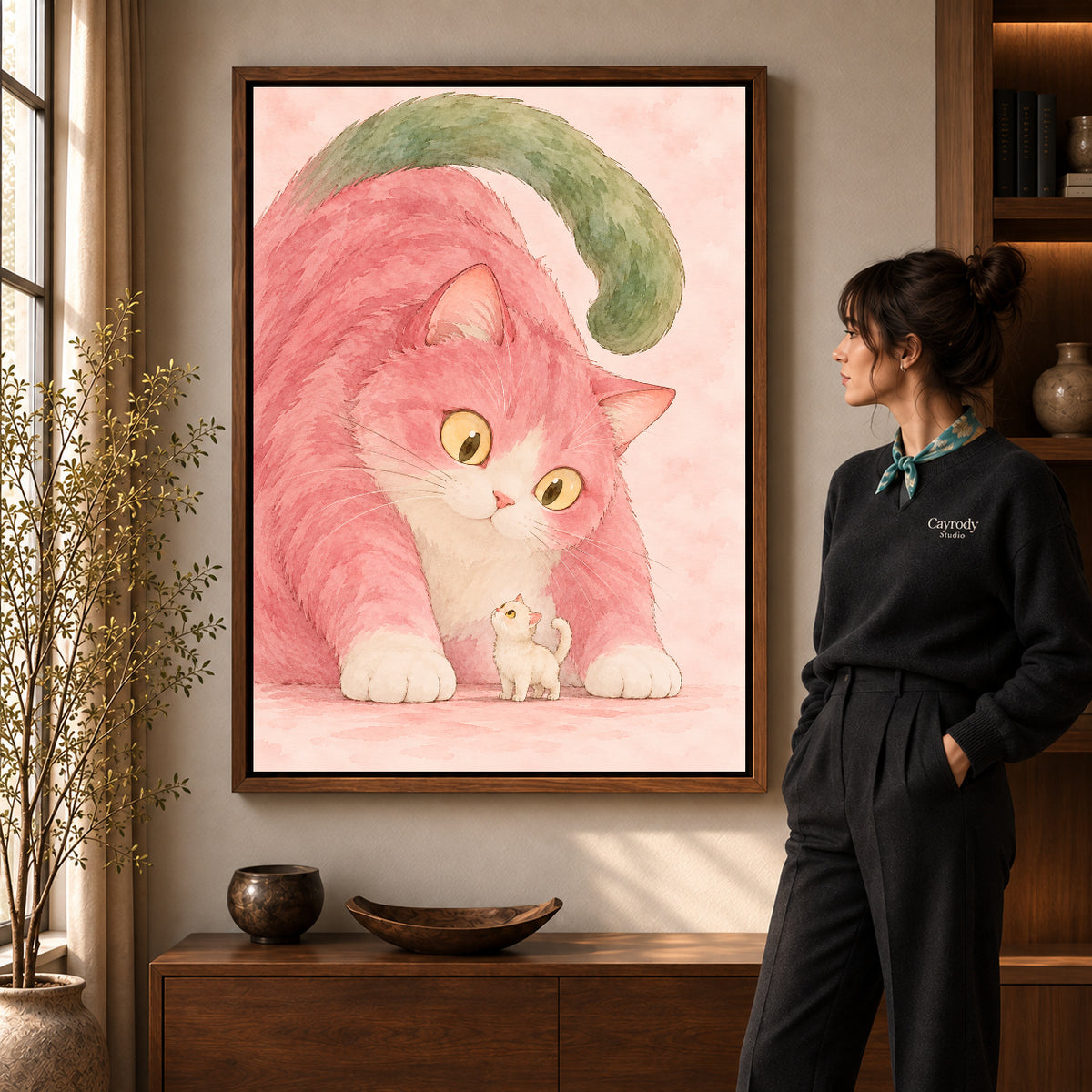tender pink cat companions canvas art shown in the walnut frame option within a warm living room.