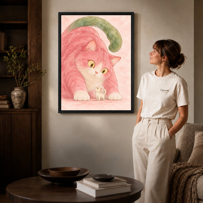 tender pink cat companions canvas art shown in the black frame option against a softly lit wall.
