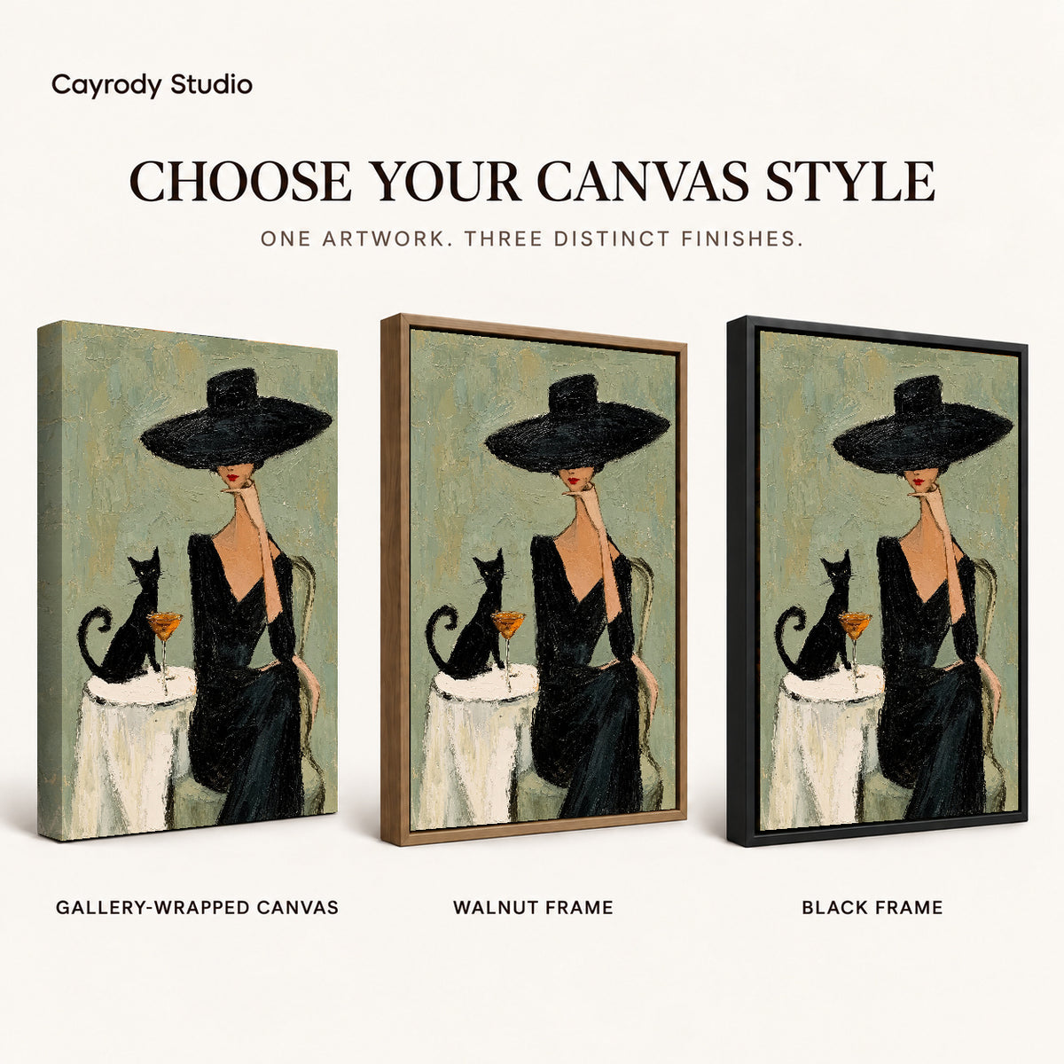 elegant woman cat portrait canvas art compared across gallery-wrapped canvas, walnut frame, and black frame finishes.