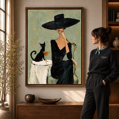 elegant woman cat portrait canvas art shown in the walnut frame option within a warm living room.