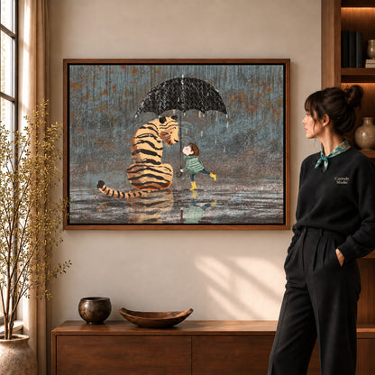 rainy tiger friendship canvas art in a walnut frame beside a standing woman and wooden console.