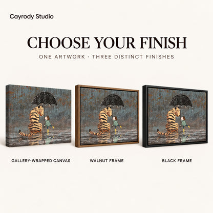 rainy tiger friendship canvas art compared across gallery-wrapped canvas, walnut frame, and black frame finishes.