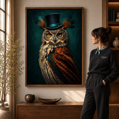 distinguished monocle owl canvas art in a walnut frame beside a standing woman and wooden console.