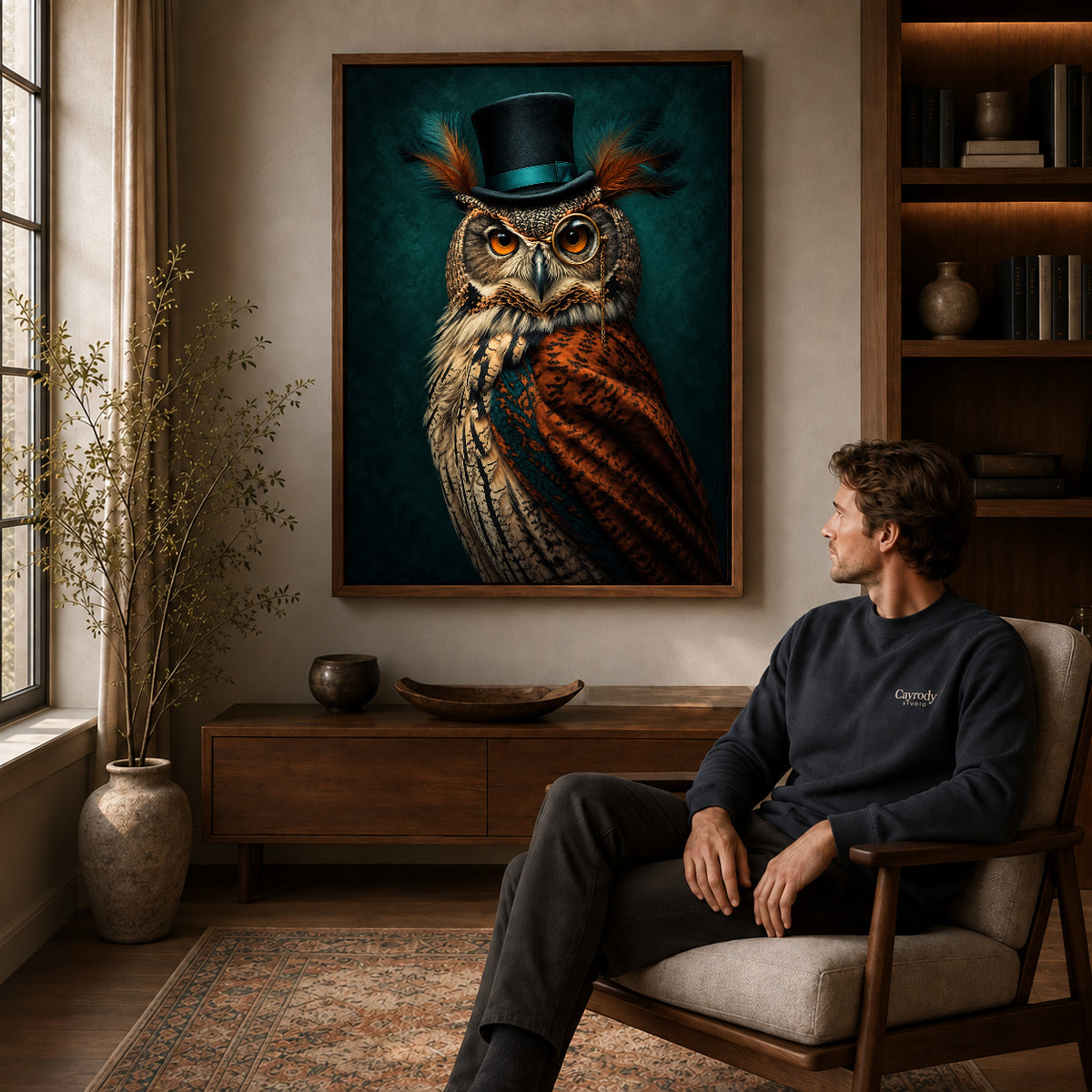 distinguished monocle owl canvas art in a walnut frame above a console beside a seated man.