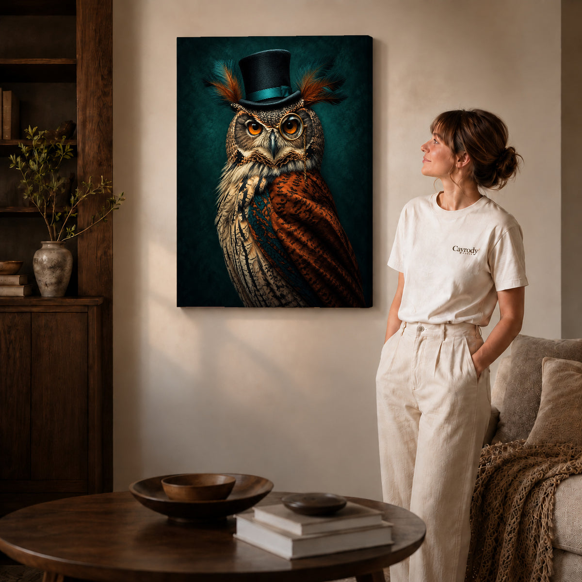 distinguished monocle owl canvas art on gallery-wrapped canvas with natural edge shading beside a standing woman.