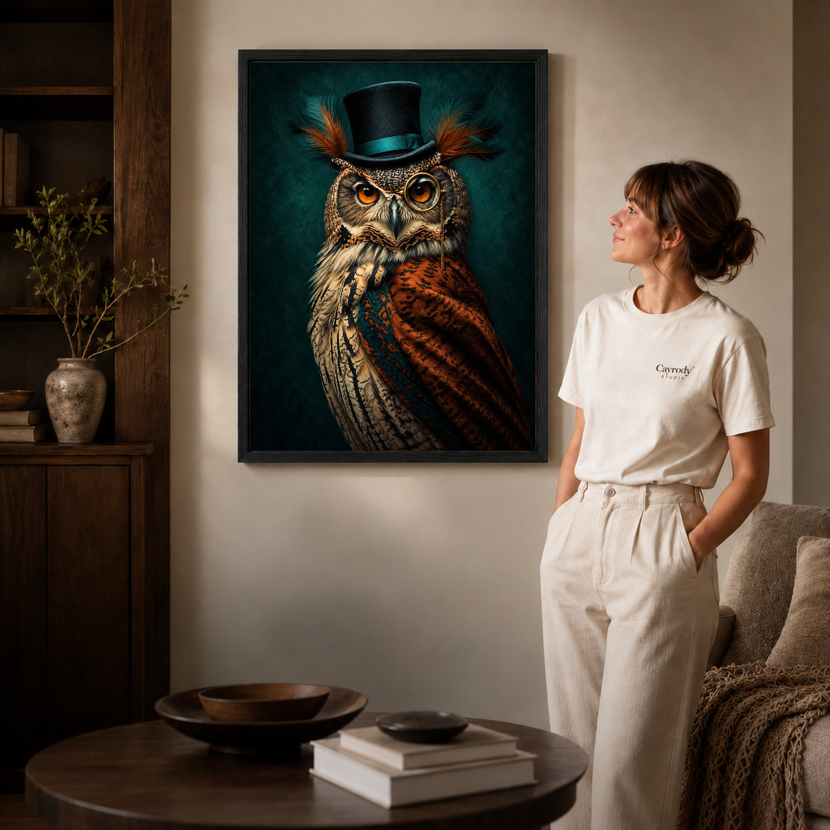 distinguished monocle owl canvas art in a black frame beside a woman and round wooden table.
