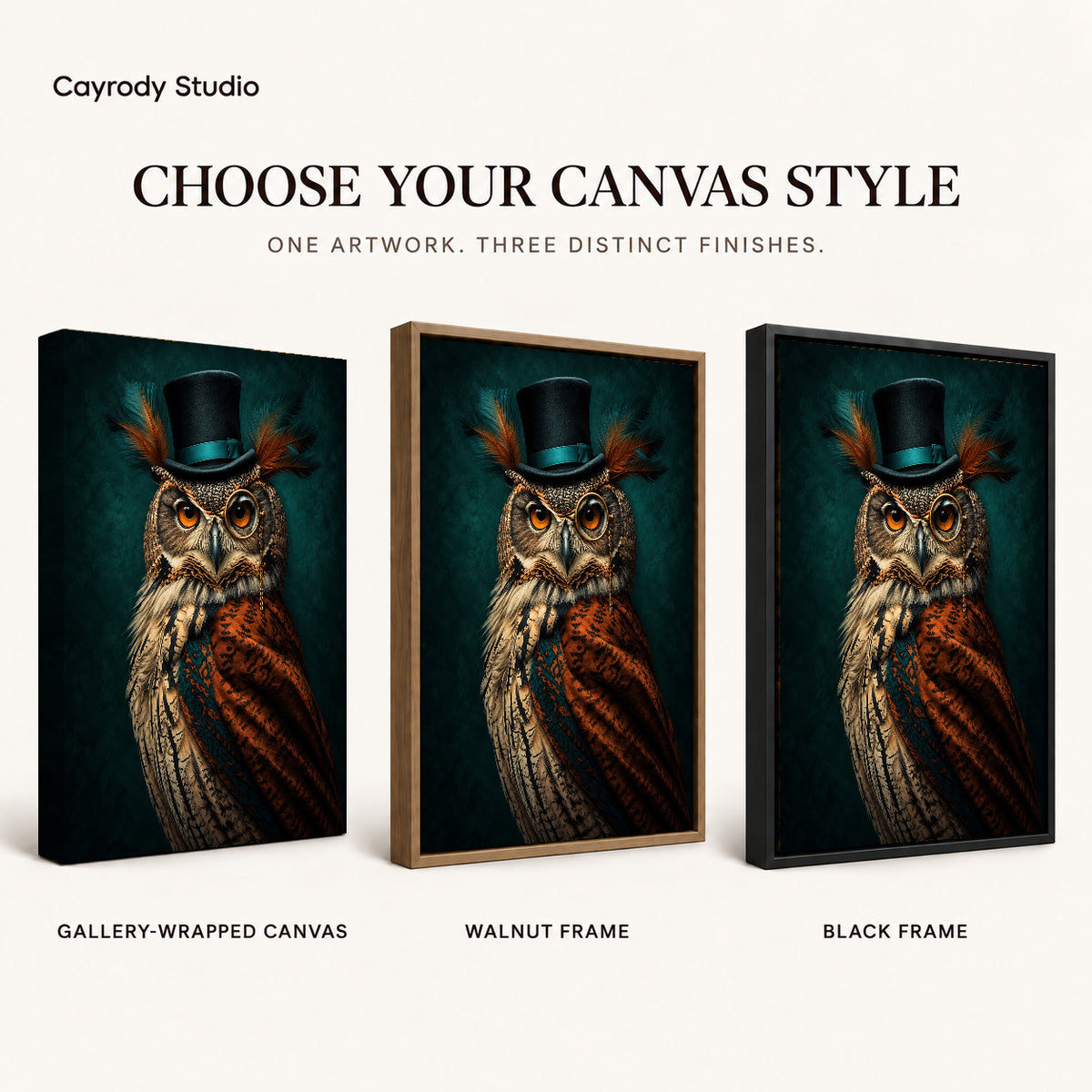 distinguished monocle owl canvas art compared across gallery-wrapped canvas, walnut frame, and black frame finishes.