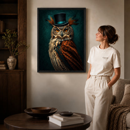 distinguished monocle owl canvas art shown in the black frame option against a softly lit wall.