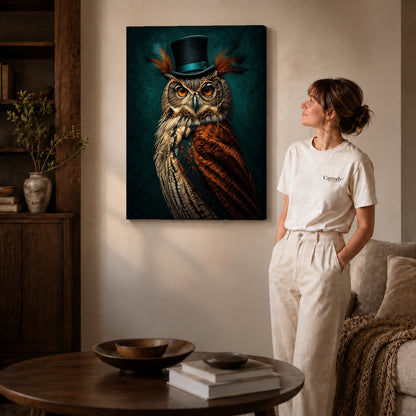 distinguished monocle owl canvas art shown in the gallery-wrapped option with visible depth and warm surroundings.