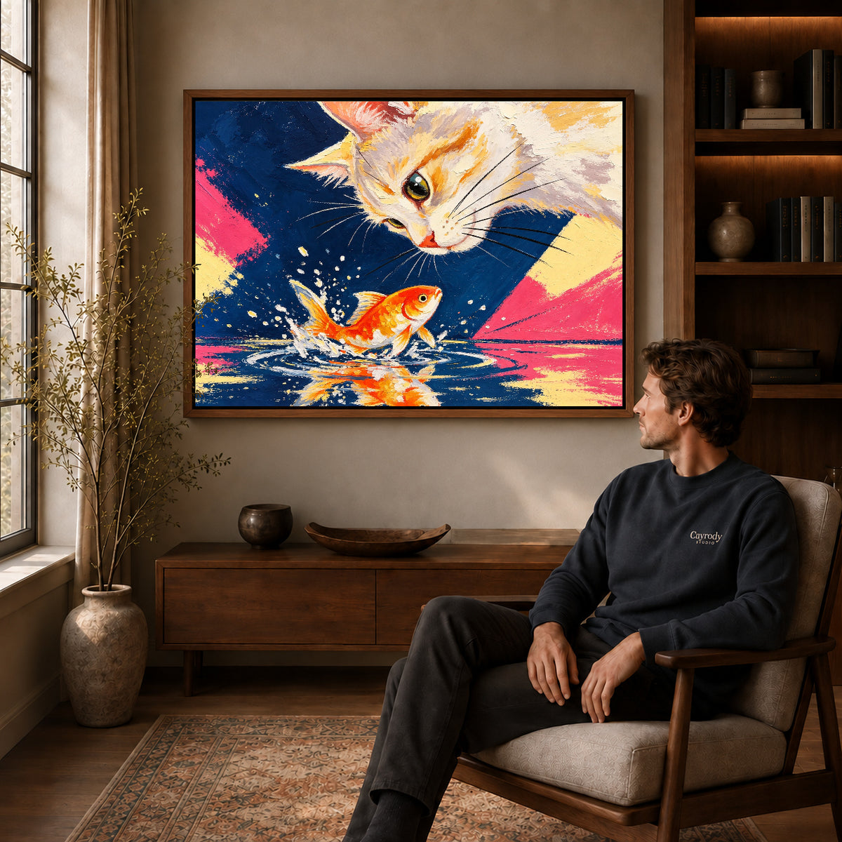 curious cat goldfish canvas art in a walnut frame above a console beside a seated man.