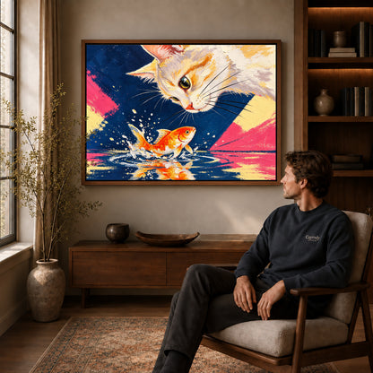 curious cat goldfish canvas art in a walnut frame above a console beside a seated man.