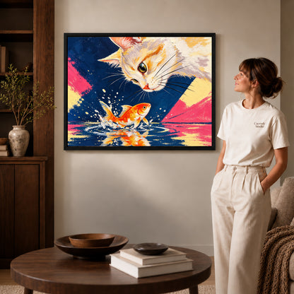 curious cat goldfish canvas art in a black frame beside a woman and round wooden table.