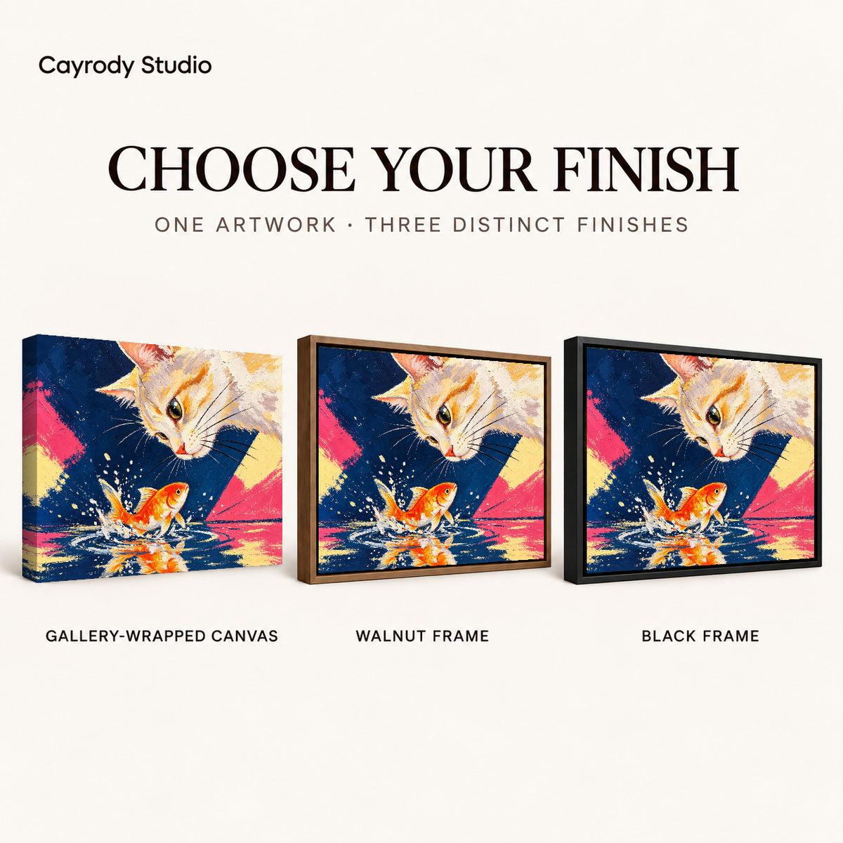curious cat goldfish canvas art compared across gallery-wrapped canvas, walnut frame, and black frame finishes.