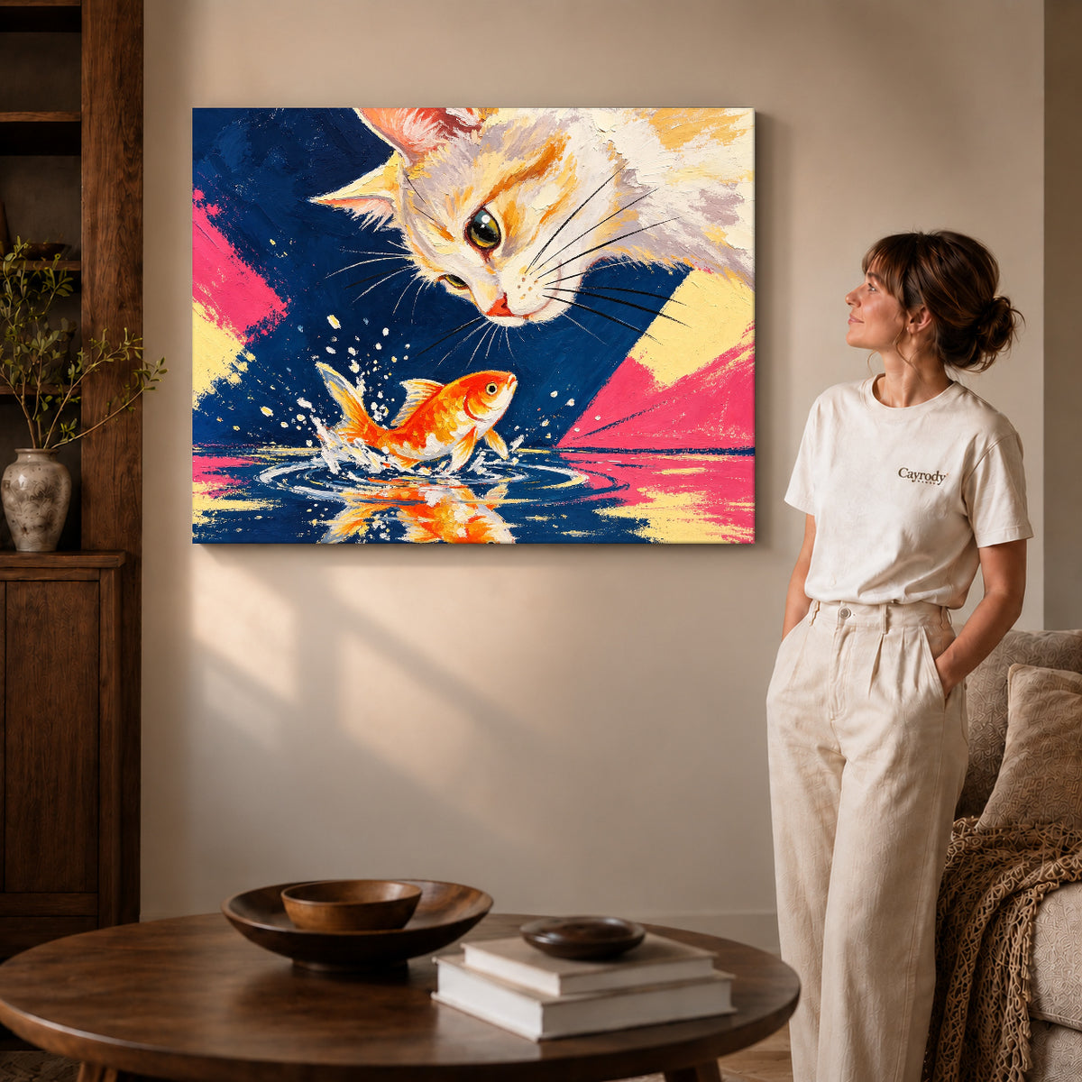 curious cat goldfish canvas art shown in the gallery-wrapped option with natural side shading and warm surroundings.